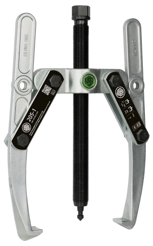 Heavy-duty two-jaw gear puller tool with adjustable arms and central threaded spindle.