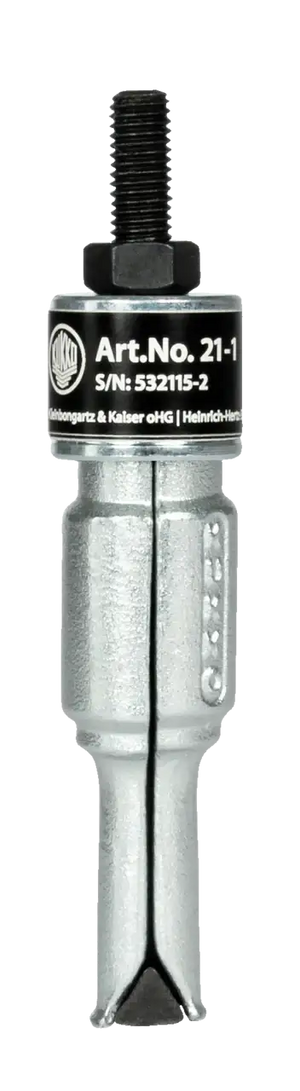 Close-up of a metal shop tool extractor with threaded bolt and part number label
