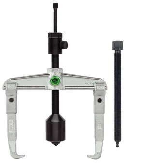 Heavy-duty gear puller tool set with adjustable arms and extra threaded spindle, industrial use