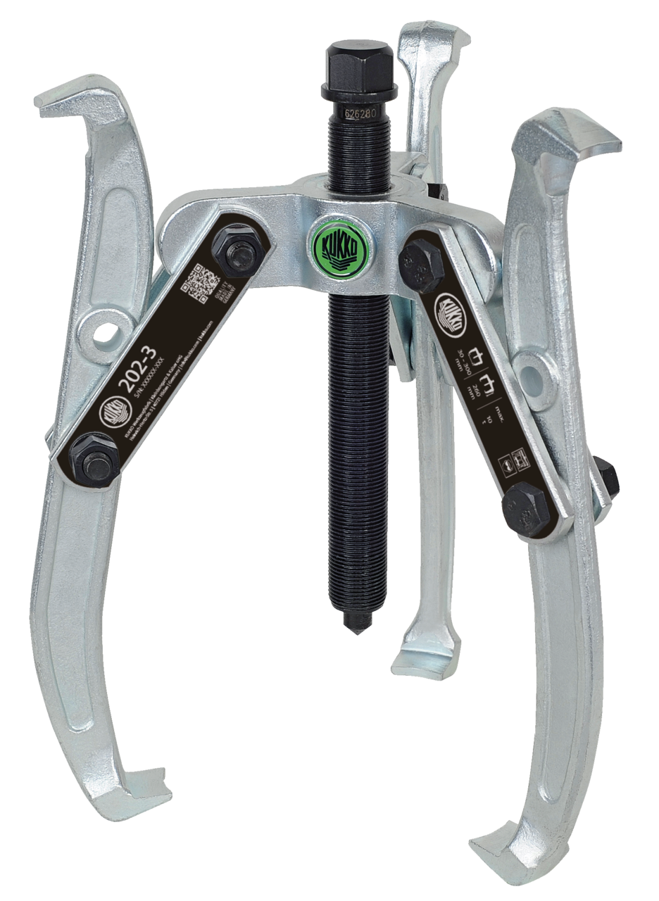 kukko 202-3 3-armed lug puller 300 x 260 mm with oscillating and reversible puller legs for centralized extraction of bearings, gears, and discs in all common sizes for crafts, workshops, and
