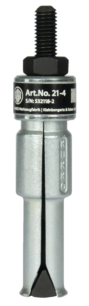 Metal industrial puller tool with threaded bolt, labeled Art.No. 21-4, Kukko brand.