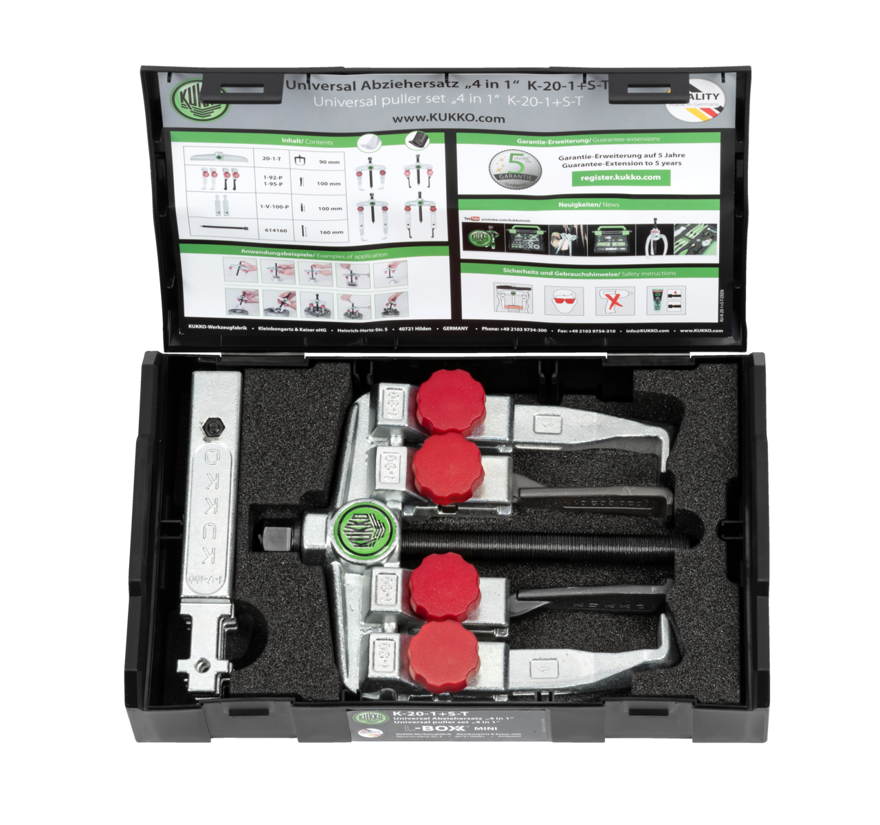 kukko k-20-1+s-t 2-jaw universal puller set with extensions for universal applications in the 2-jaw removal of gearbox gears, bearings, sprockets, and synchronizers