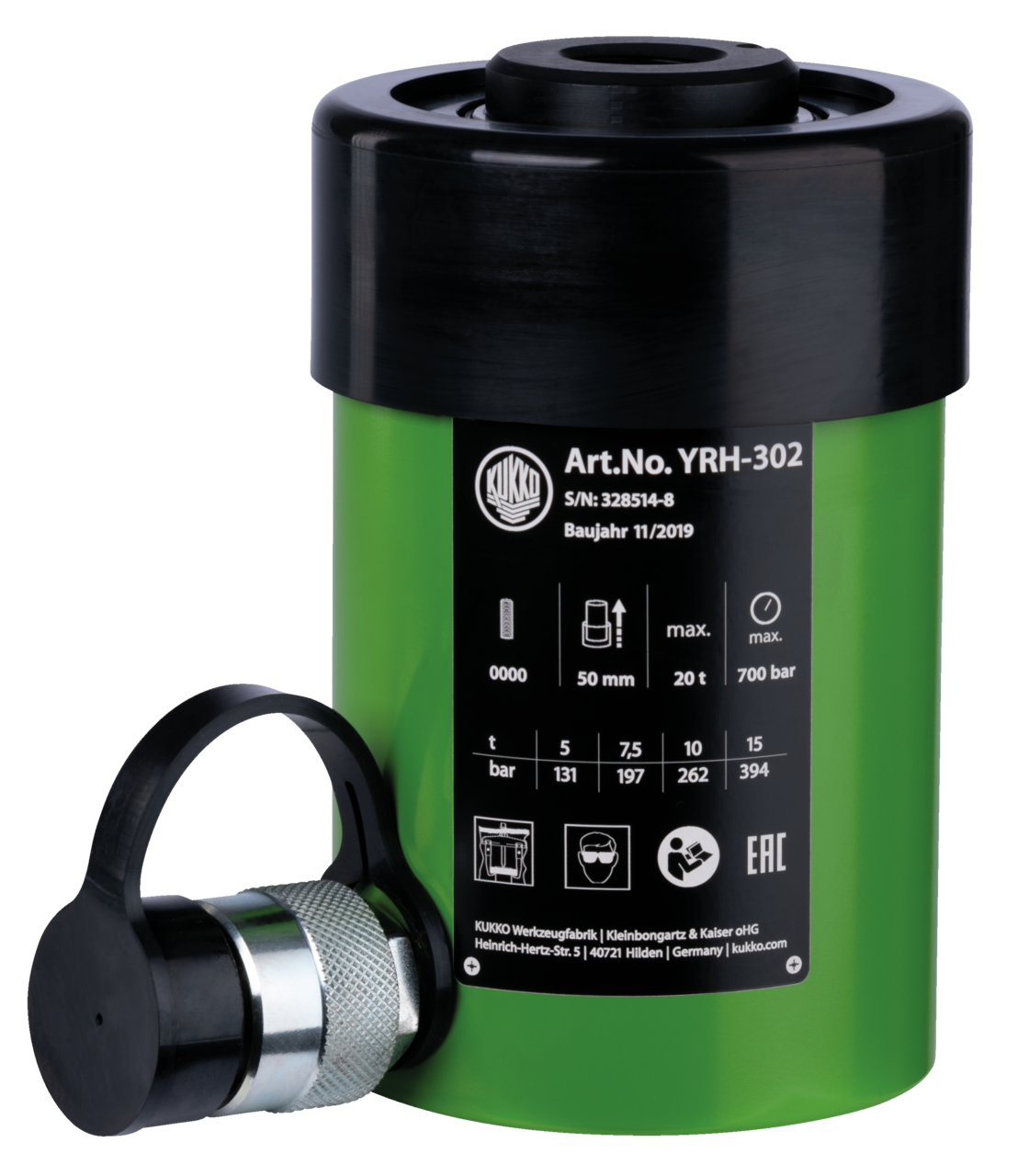 kukko yrh-302 hydraulic hollow piston cylinder with max. {8600} t tension force for application with the kukko hydraulic program in crafts, industry, and workshops