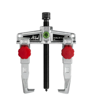 Metal gear puller tool with red adjustment knobs and threaded spindle, isolated on black