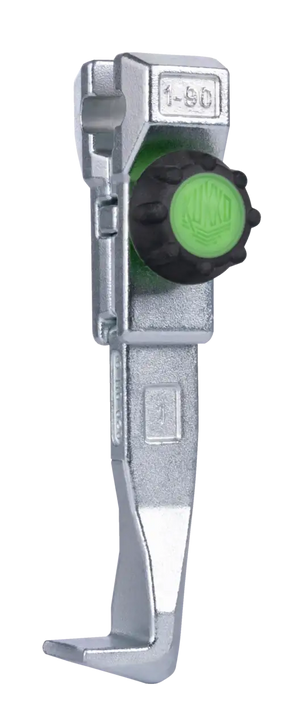Industrial metal clamp with green adjustment knob, tool accessory for secure mounting