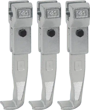 Set of three metal industrial puller jaws, silver finish, for heavy-duty tool applications