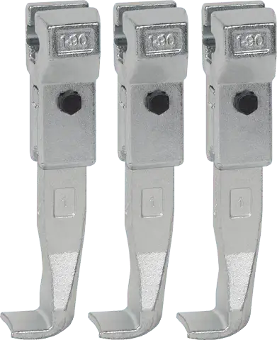 Set of three metal industrial puller jaws, silver finish, for heavy-duty tool applications