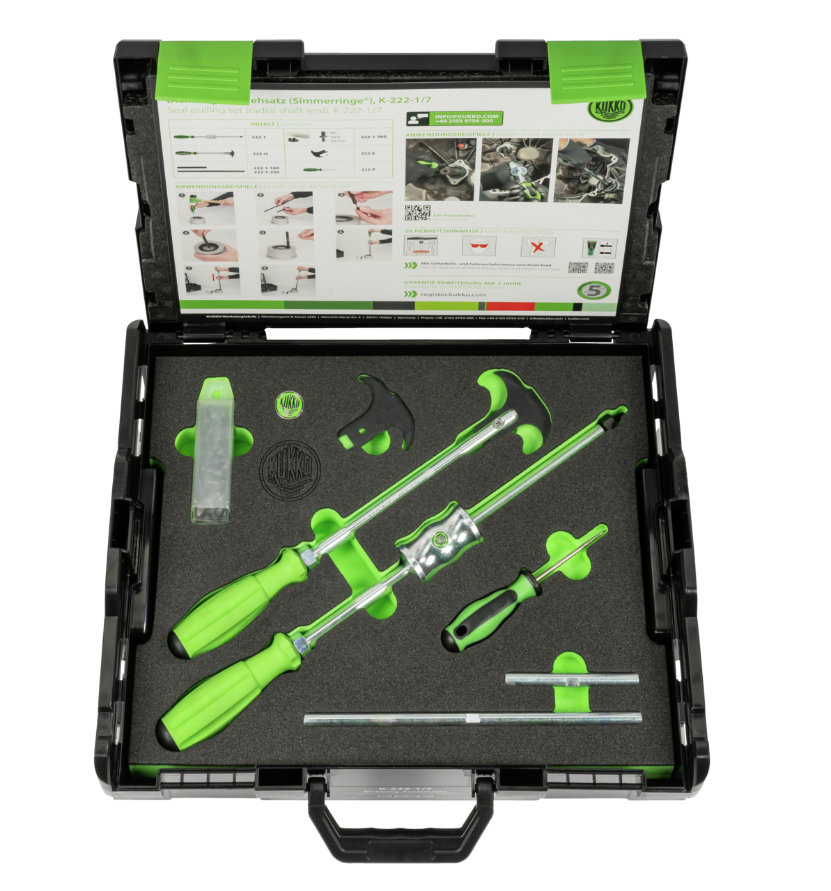 kukko k-222-1/7 seal ring removal set (simmerringe®) in case for removing simmerringe®, radial shaft seals, sealing sleeves, gaskets, bearing seals, and shaft seals