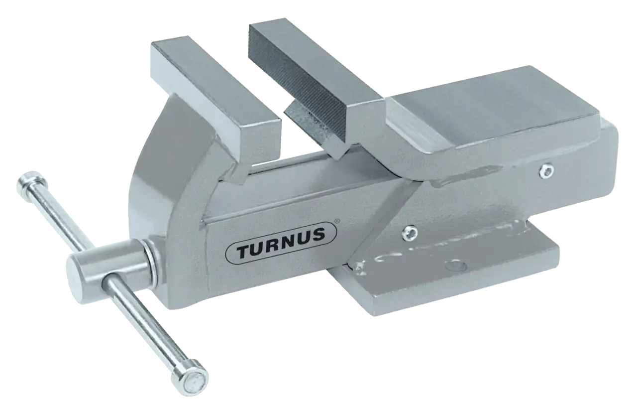 Heavy-duty steel bench vise with textured jaws and TURNUS logo, industrial hand tool