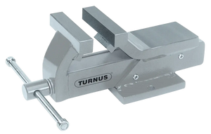 Heavy-duty steel bench vise with textured jaws and TURNUS logo, industrial hand tool