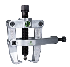 Adjustable gear puller tool with silver metal arms and central black threaded rod