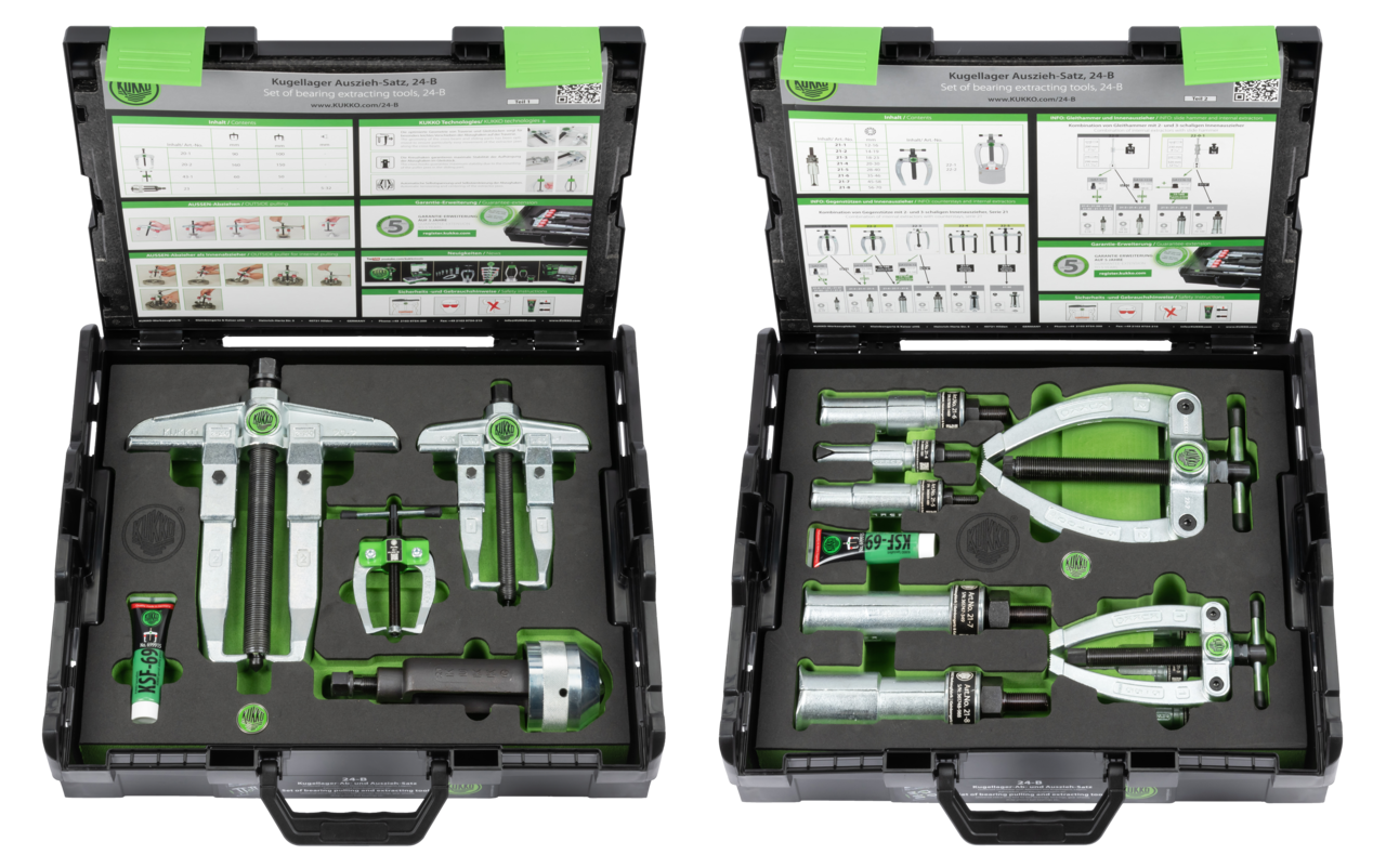 kukko 24-b ball bearing removal and extraction set 14-piece for pulling bearings, gears, discs, as well as extracting internal bearings, bearing outer rings, and bu