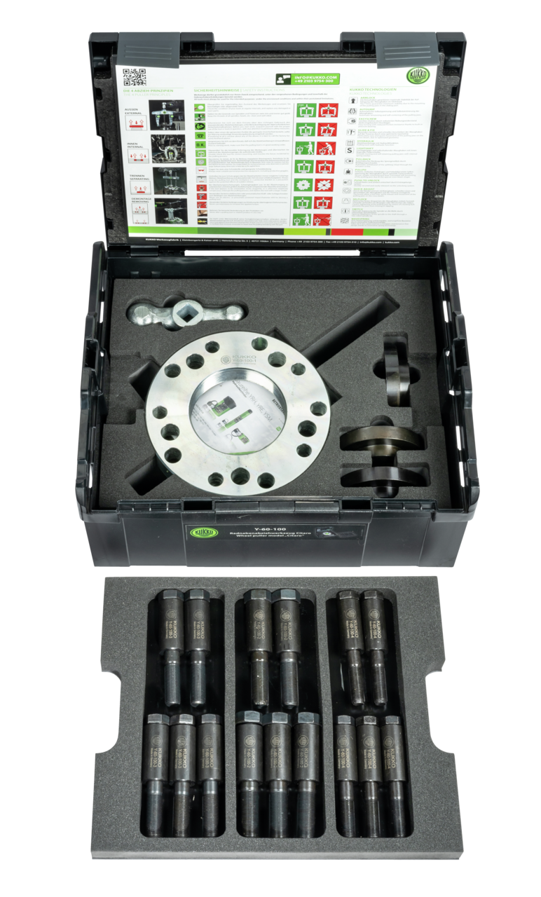 kukko y-60-100 hydraulic hub puller for commercial vehicles, low-floor buses, with max. 30 t tension force for commercial vehicles and low-floor buses is used for the safe and quick disassembly of the wheel hub