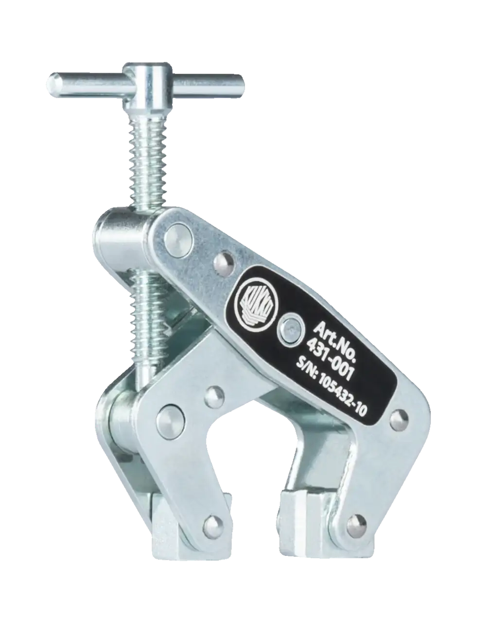 Adjustable steel clamp tool with screw handle for industrial or shop use, product label visible