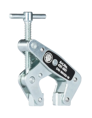 Adjustable steel clamp tool with screw handle for industrial or shop use, product label visible