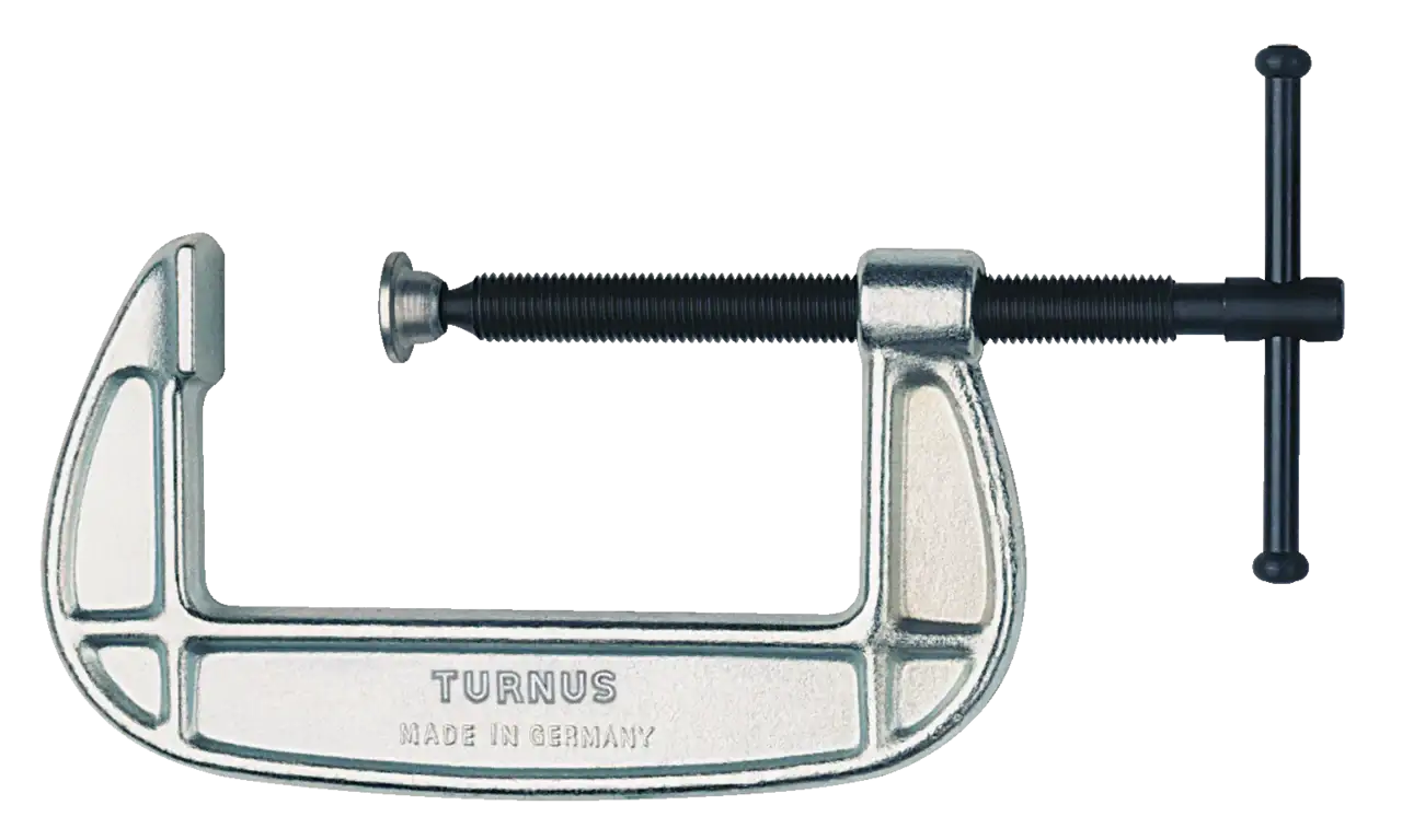 Metal C-clamp with screw, heavy-duty shop tool for secure clamping and woodworking