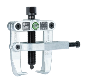 Heavy-duty metal bearing puller tool with dual arms and threaded center screw for industrial use