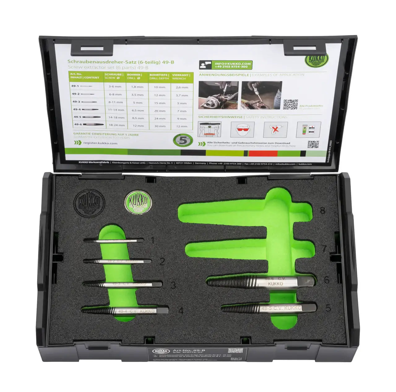 Screw extractor set in black case with green foam insert, six metal extractors visible