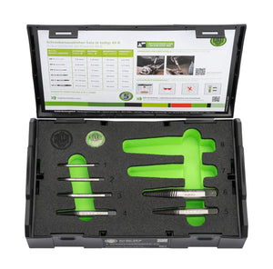Screw extractor set in black case with green foam insert, six metal extractors visible