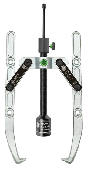 Heavy-duty two-arm bearing puller with adjustable arms and threaded center screw
