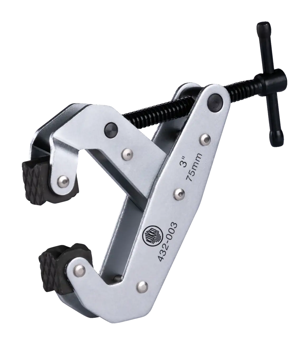 Heavy-duty metal clamp with textured jaws, screw handle, and 3-inch 75mm marking