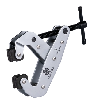 Heavy-duty metal clamp with textured jaws, screw handle, and 3-inch 75mm marking