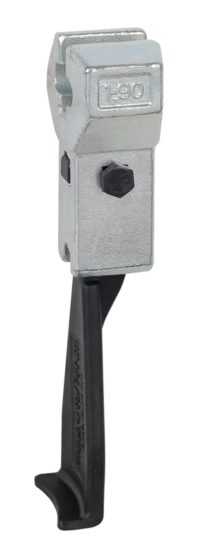 Heavy-duty metal beam clamp with labeled L90 housing and black lever arm, industrial hardware