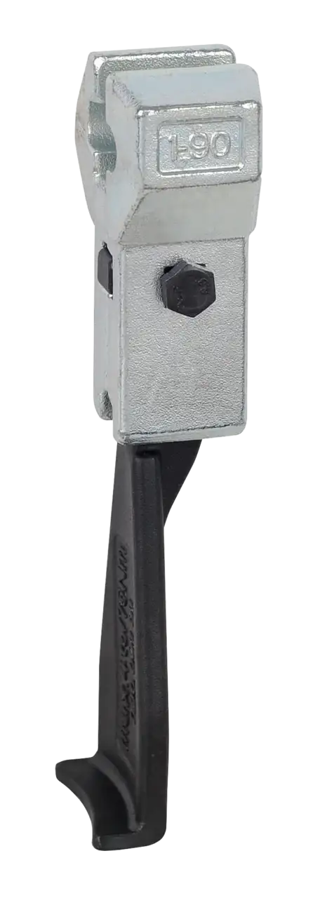 Heavy-duty metal beam clamp with labeled L90 housing and black lever arm, industrial hardware