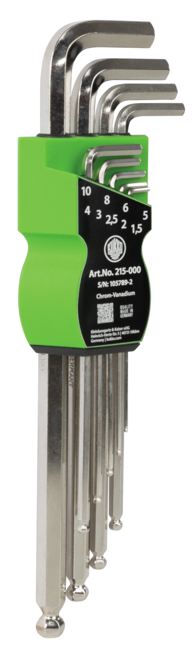 kukko 215-000 allen wrench with ball head, 1,5, 2,0, 2,5, 3,0, 4,0, 5,0, 6,0, 8,0, 10,0 mm key widths in the kukko clip for operating hard-to-reach screw heads in workshops, industry, and crafts