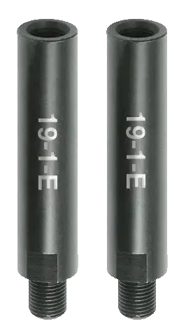 Pair of black industrial extension rods with 19-1 E marking, threaded metal tool parts
