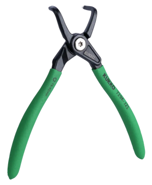 Snap ring pliers with green handles for removing retaining rings, industrial hand tool