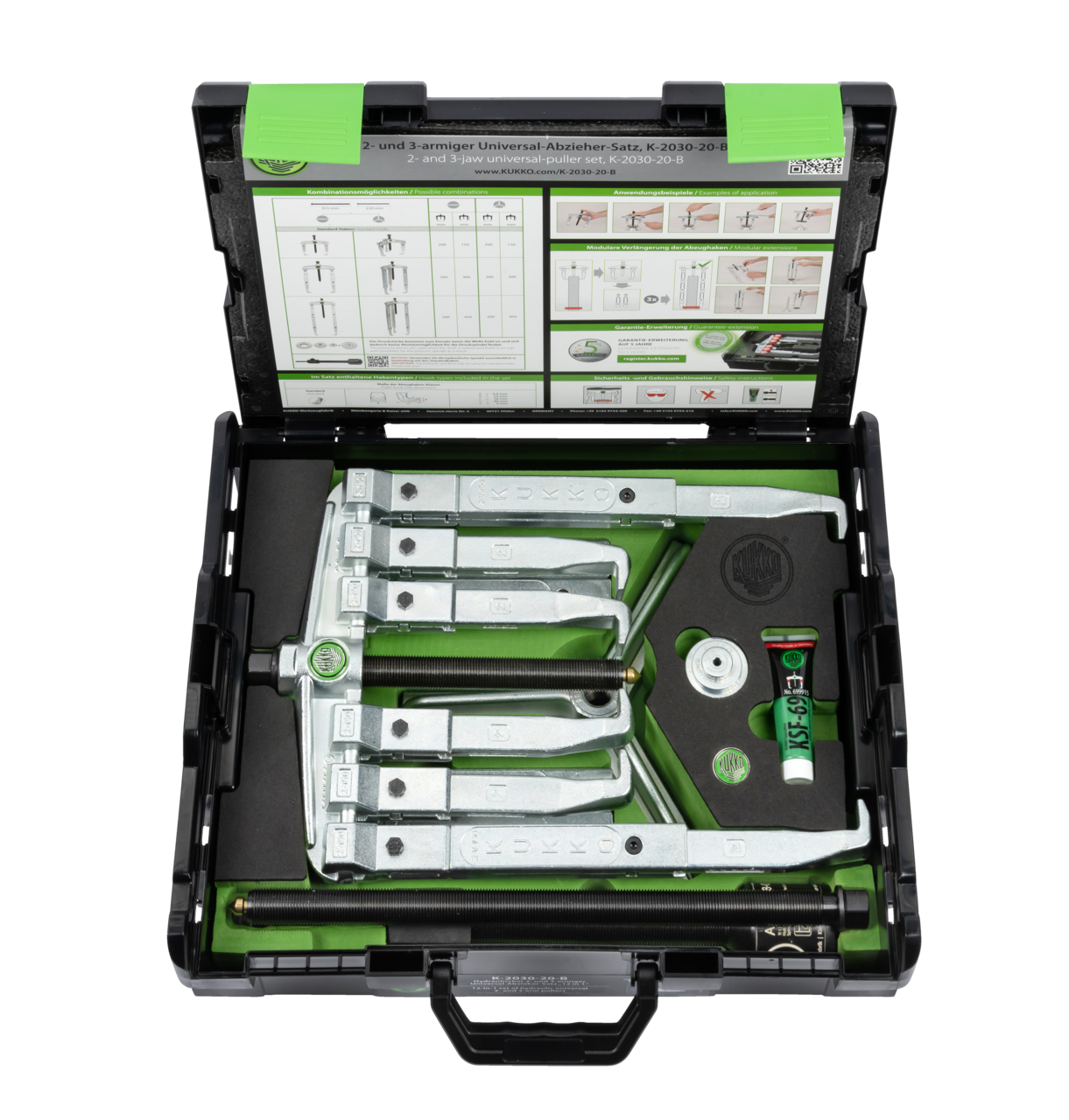 kukko k-2030-20-b hydraulic 2-jaw and 3-jaw universal puller set for hydraulic, 2-jaw and 3-jaw pulling of large bearings, gears, disks, etc
