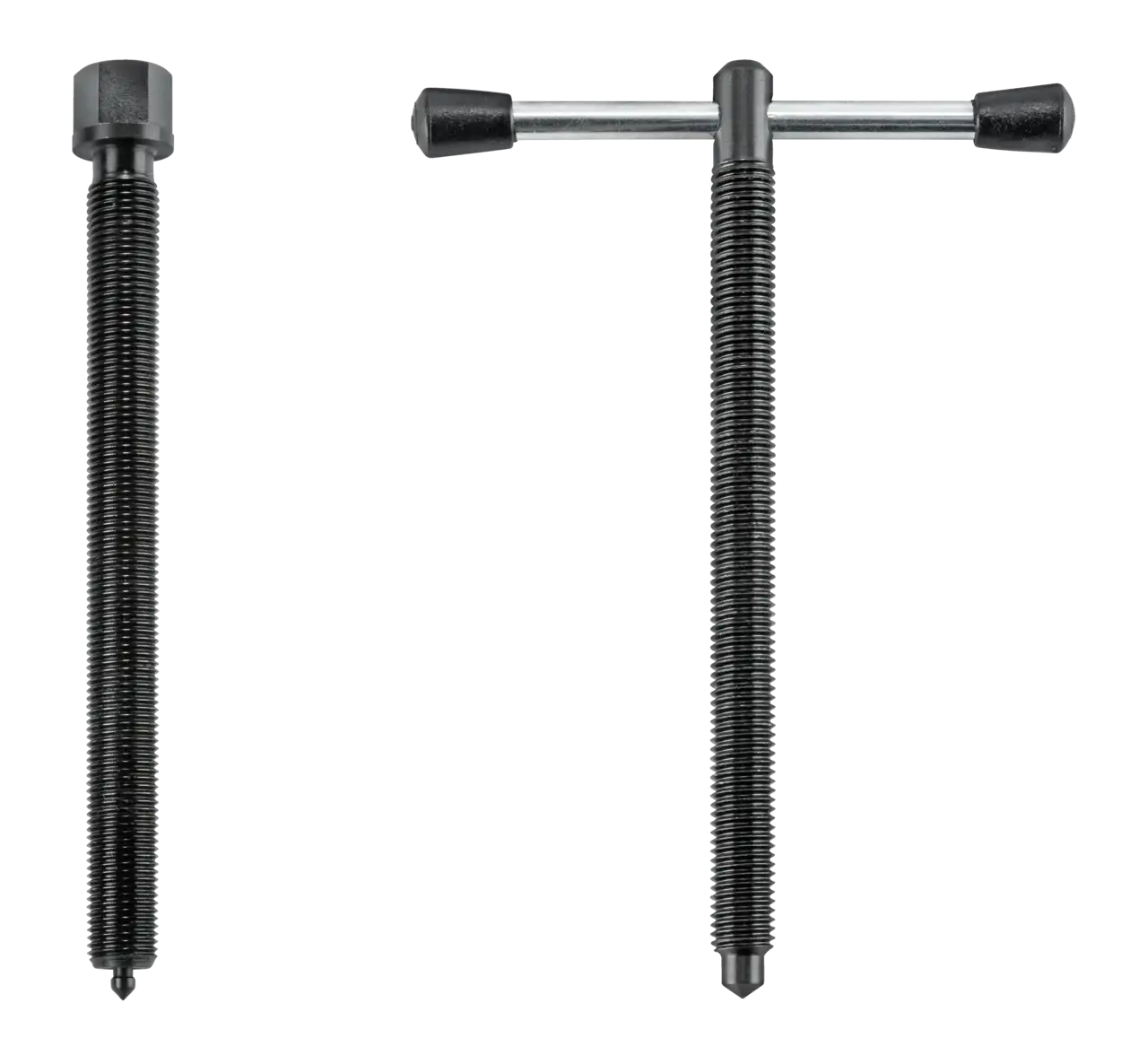 Heavy-duty threaded T-handle industrial puller tool, black metal, shop tool equipment