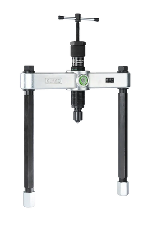 Heavy-duty mechanical bearing puller with steel frame and threaded center spindle