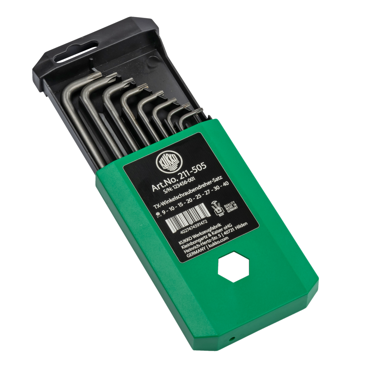 kukko 211-505 tx-allen key set, key width 9, 10, 15, 20, 25, 27, 30, 40 for operating hard-to-reach screw heads in workshop, industry, and trades