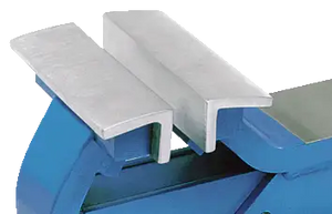Steel vise jaws attached to blue metal bench vise, workshop tool accessory
