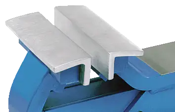 Steel vise jaws attached to blue metal bench vise, workshop tool accessory