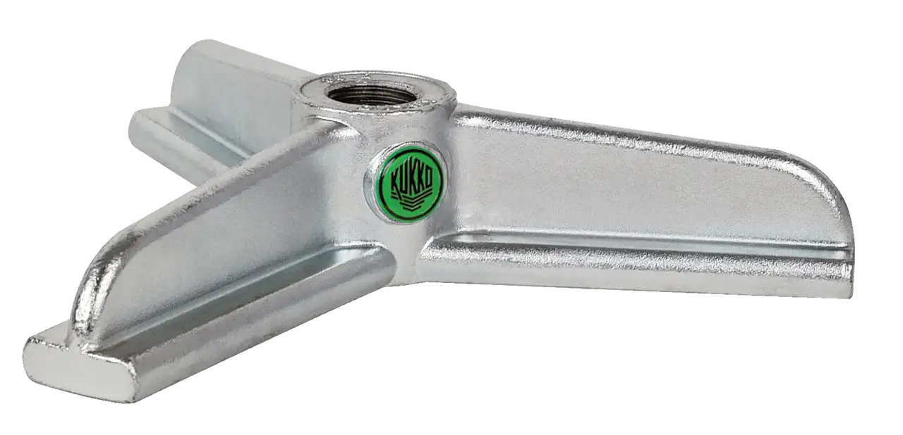 Three-arm metal puller head with threaded center and Kukko logo, industrial tool part