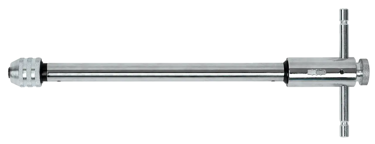 Metal T-handle tap wrench for shop tools and industrial applications on black background