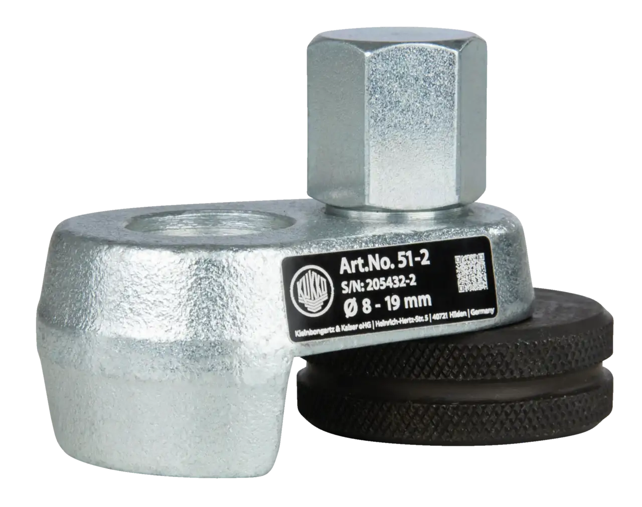 Metallic industrial puller tool with label, hex head and round textured components