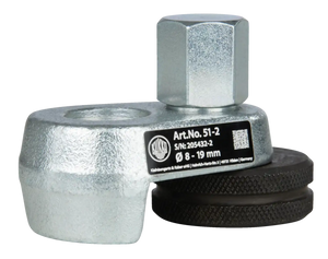 Metallic industrial puller tool with label, hex head and round textured components