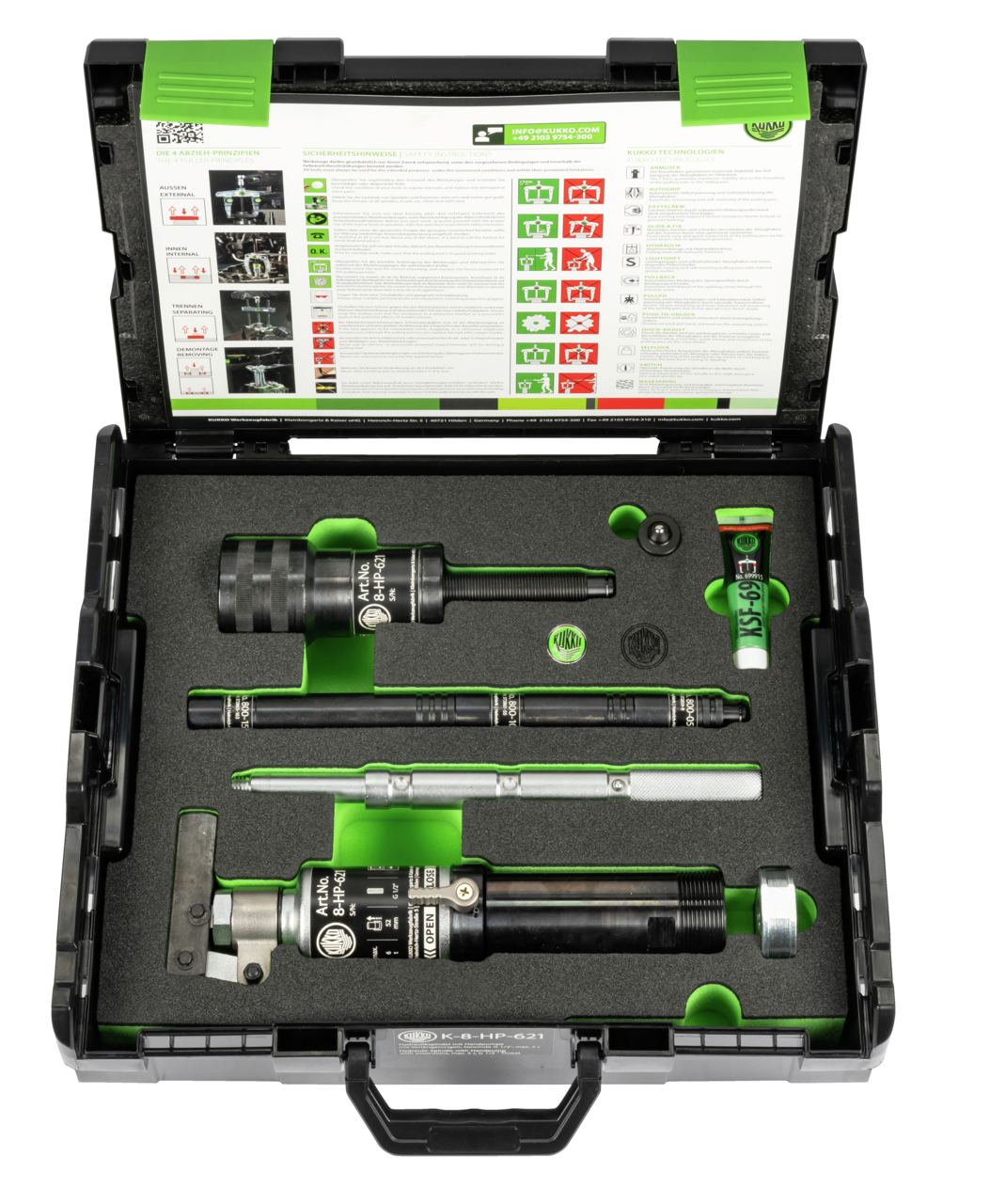 kukko k-8-hp-621 hydraulic spindle with hand lever operation in the case, up to 4 t t tension force (thread size ) for pulling off particularly stubborn bearings, gears, and discs with a pulling force of up to 21 t