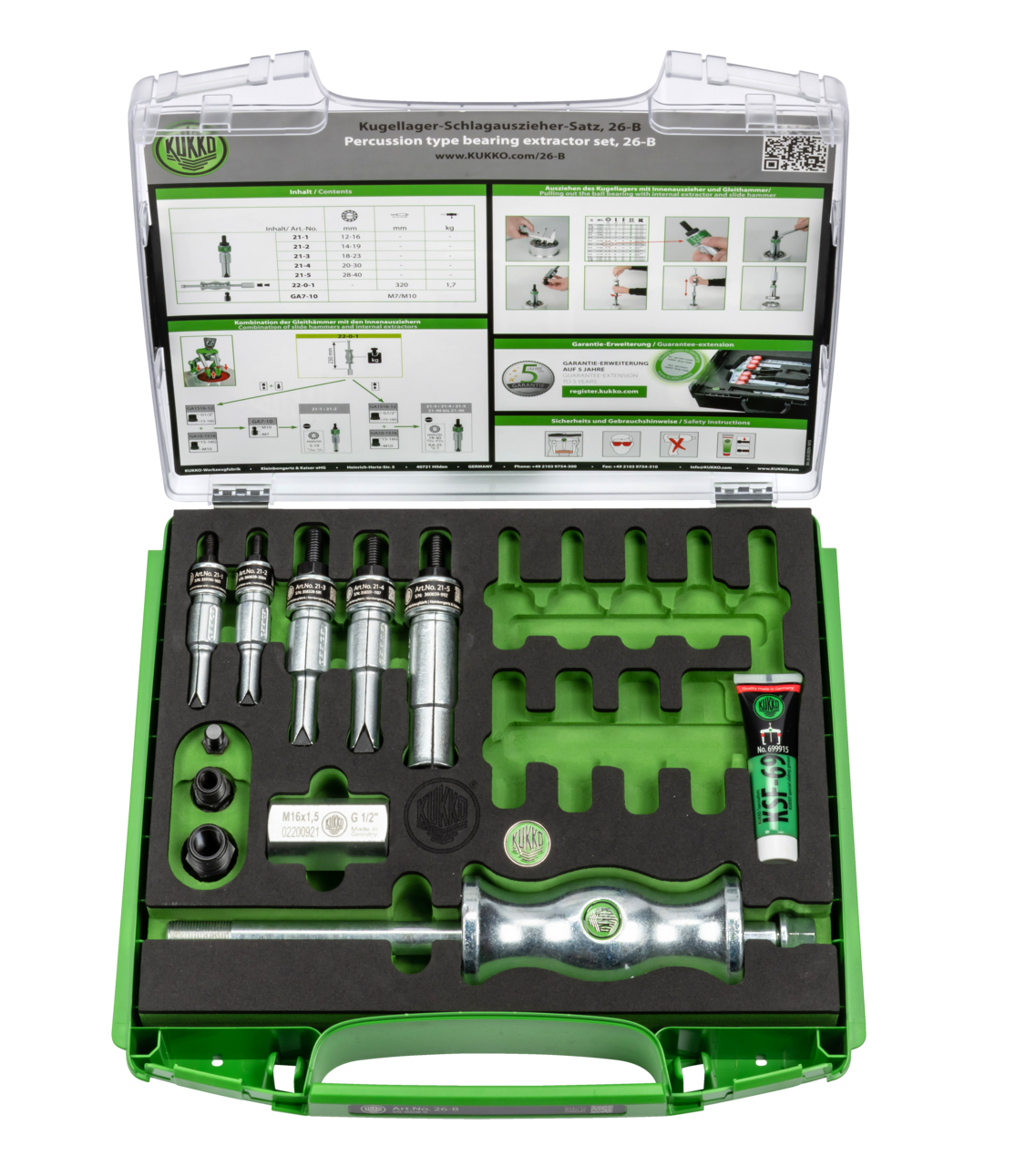 kukko 26-b internal pull-out set ø 12-40 mm for impact actuation for impact operation 26-b is used for pulling internal bearings, bearing outer rings, and bushings in cr