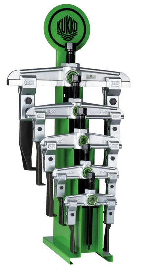 Display rack with multiple Kukko gear pullers for industrial shop tool applications