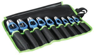 Set of blue handled industrial wrenches in a black and green roll-up organizer
