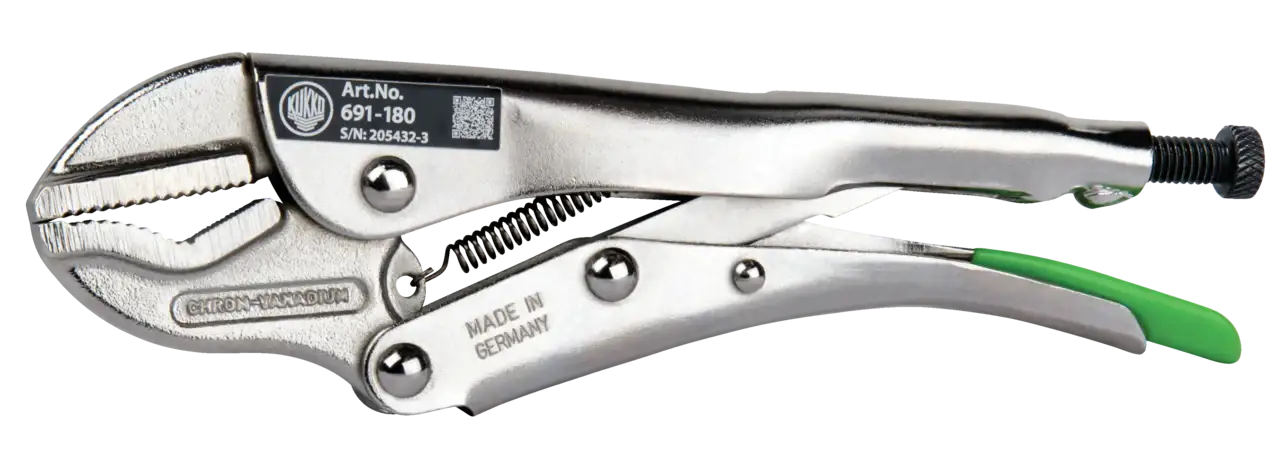 Chrome vanadium locking pliers with adjustment screw, ergonomic green handle, made in Germany