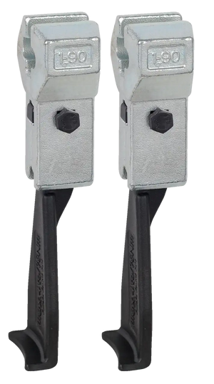 Pair of industrial L90 metal beam clamps with black mounting arms for shop tools
