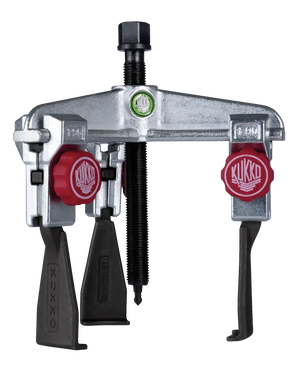 Heavy-duty gear puller tool with red handles and black jaws for industrial shop use