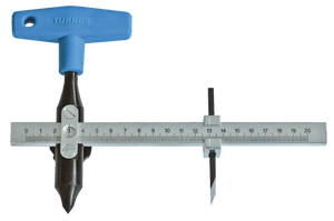 Adjustable metal circle cutter with blue handle and metric ruler for industrial tools