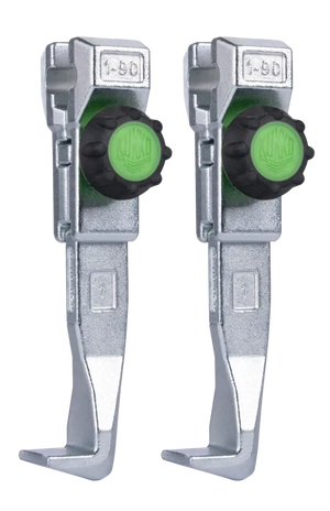 Pair of adjustable metal clamp fittings with green adjustment knobs, industrial tool parts